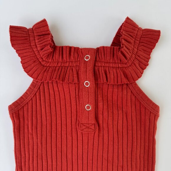 Kate Quinn Ribbed Flutter Bodysuit | Ruffle Neck | Brick Red | 12–18M | NWT - Picture 4 of 7